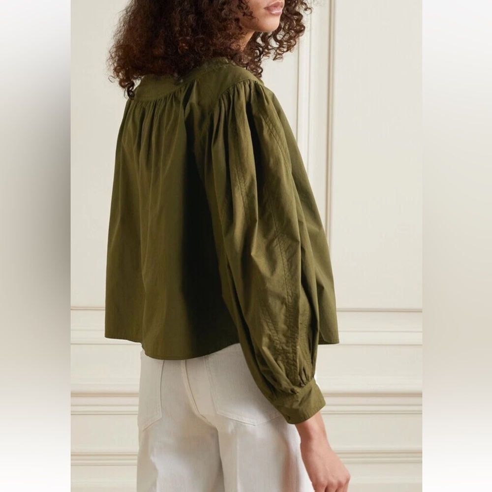 Ulla Johnson Delaney Blouse Olive Green Cotton Puff Sleeve Top Size 4 Boho Chic - Picture 2 of 12